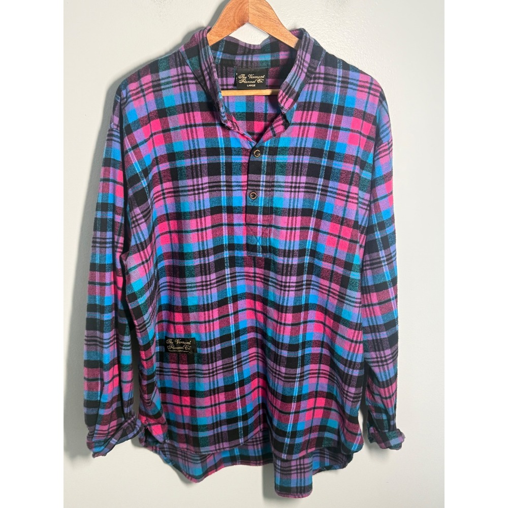 Vermont Flannel Co Pink Blue Plaid Henley Pullover Shirt Large Neon Flannel